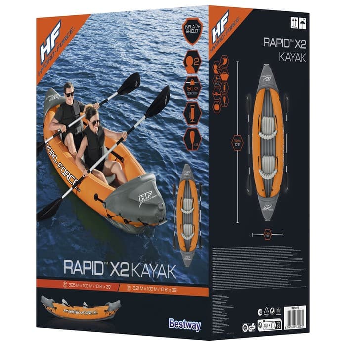 Байдарка Rapid X2 Kayak, двухместная, вёсла 218 см, до 160 кг, 321×100×48 см, 65077 Bestway