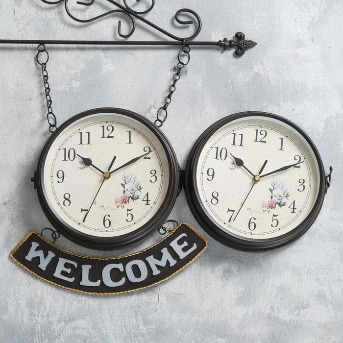 Часы настенные интерьерные WELCOME, двусторонние, на подвесе, бесшумные, плавный ход, 55×36 см, циферблат d=20 см, от батареек 2×АА