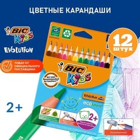 Карандаши цветные 12 цветов, детские, утолщённые, трёхгранные, BIC Kids Evolution Triangle, пластиковые, премиум, картонная упаковка