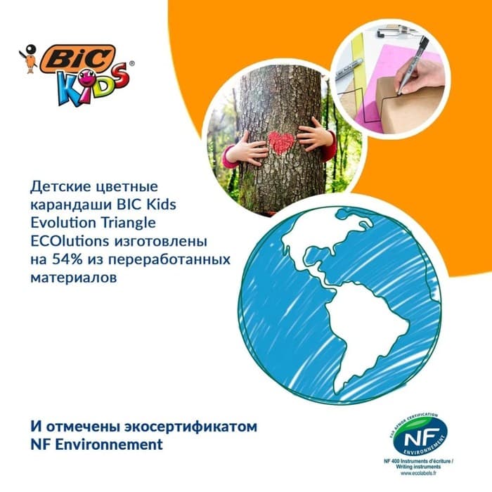 Карандаши цветные 12 цветов, детские, утолщённые, трёхгранные, BIC Kids Evolution Triangle, пластиковые, премиум, картонная упаковка