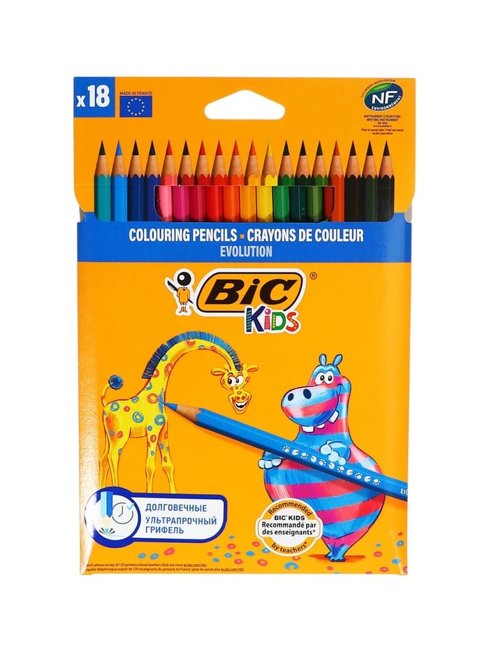 Цветные карандаши 18 цветов, детские, шестигранные, ударопрочные, BIC Kids Evolution