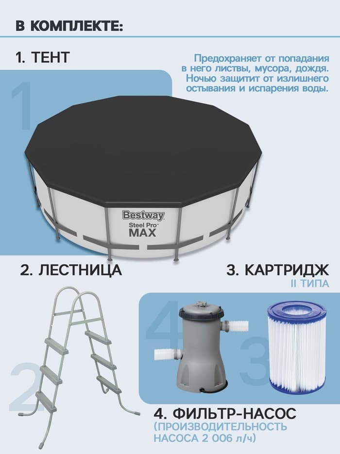 Бассейн каркасный Steel Pro MAX, 457×122 см, фильтр-насос, лестница, тент, круглый, 56438 Bestway