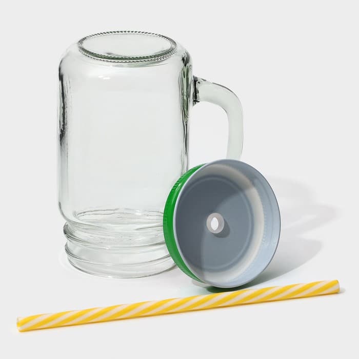 Кружка Доляна «Гладь», 450 мл, 10×7.5×13 см, с крышкой и трубочкой, стекло