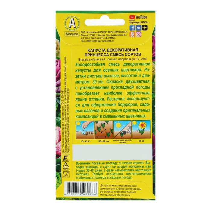 Семена цветов Капуста декоративная «Принцесса», смесь окрасок, однолетник, 0.1 г, «Агрофирма АЭЛИТА»