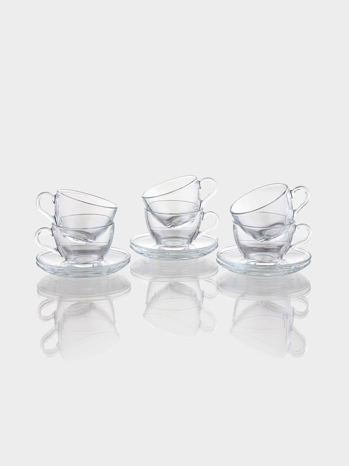 Чайный набор Paşabahçe Basic, 12 предметов: 6 чашек 225 мл, 6 блюдец d=13.7 см, стекло, прозрачный