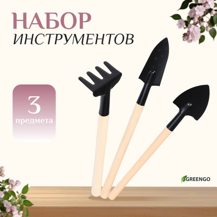 Набор садового инструмента для комнатных растений, 3 предмета: грабли, 2 лопатки, длина 24 см, деревянные ручки, Greengo