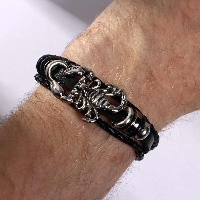 Браслет кожаный «Унисекс. Скорпион», L=20 см, бусины микс, чернёный в серебре