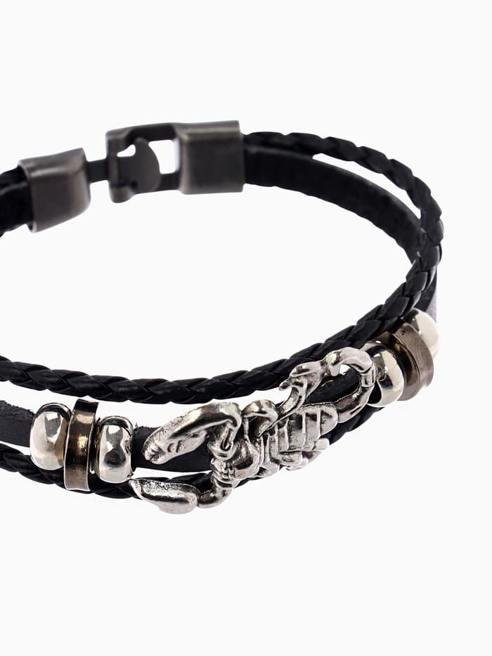 Браслет кожаный «Унисекс. Скорпион», L=20 см, бусины микс, чернёный в серебре