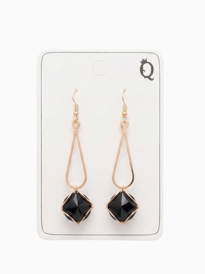 Серьги висячие со стразами «Капля с ромбом», цвет чёрный в розовом золоте, 7.2 см