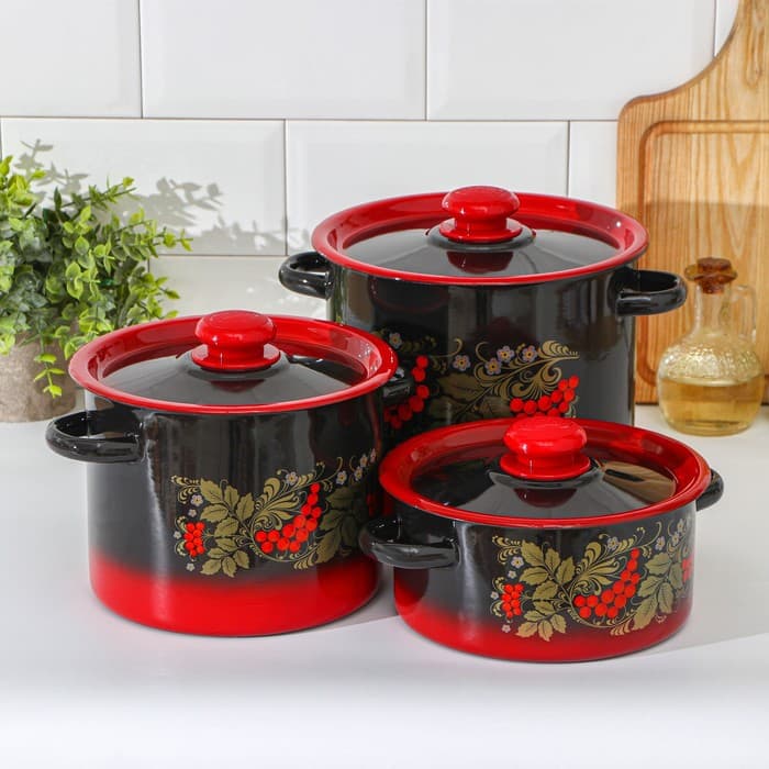 Набор кастрюль эмалированных «Рябинка», 3 предмета: 2 л, 3.5 л, 5.5 л, чёрный, красный