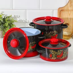 Набор кастрюль эмалированных «Рябинка», 3 предмета: 2 л, 3.5 л, 5.5 л, чёрный, красный
