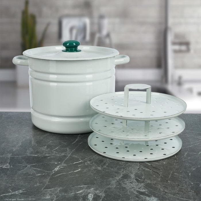 Мантоварка - позница, 9 л, 3 вставки, эмалированная, цилиндрическая, белая