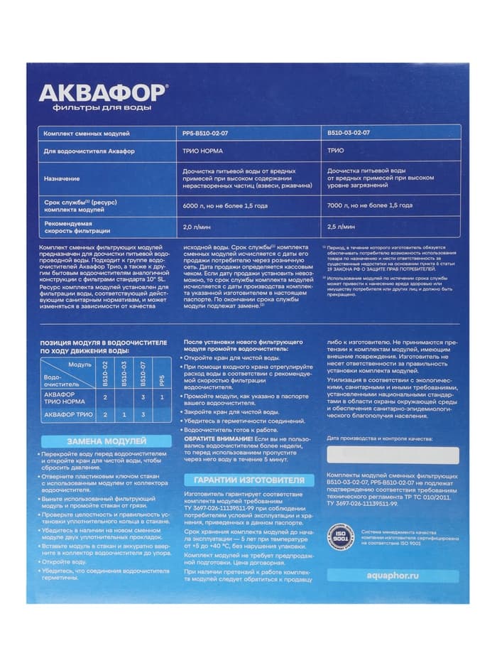 Комплект сменных картриджей для «Аквафор» Трио Норма, РР5-В510-02-07, фильтрующий