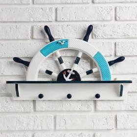 Вешалка настенная «Штурвал», крючки декоративные, 3 крючка на панно, бело-синяя, 45×28×5 см