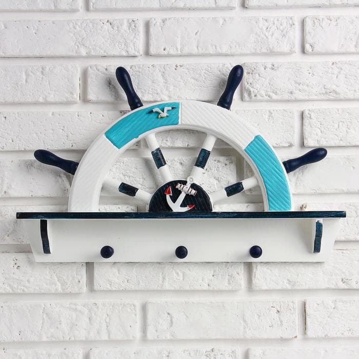 Вешалка настенная «Штурвал», крючки декоративные, 3 крючка на панно, бело-синяя, 45×28×5 см