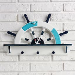 Вешалка настенная «Штурвал», крючки декоративные, 3 крючка на панно, бело-синяя, 45×28×5 см