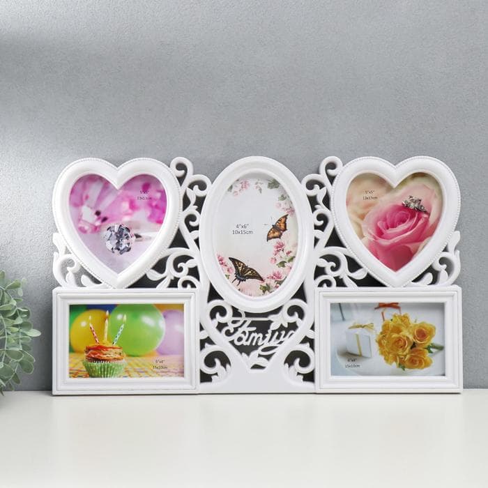 Фоторамка - коллаж на 5 фото 10×15, 13×13, 16×11 см «Семейное древо», пластик, мультирамка, белая, 48.5×28 см