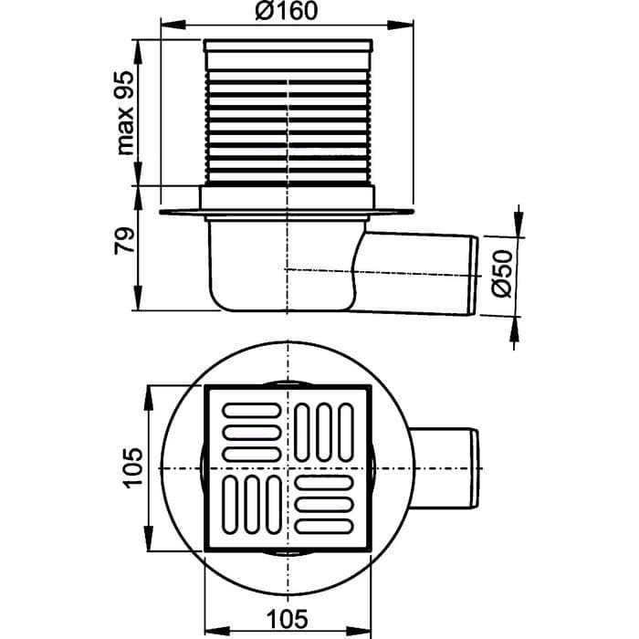 Сливной трап AlcaPlast APV1, 105×105/50 мм, подводка – боковая, решетка – нержавеющая сталь