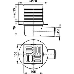 Сливной трап AlcaPlast APV1, 105×105/50 мм, подводка – боковая, решетка – нержавеющая сталь