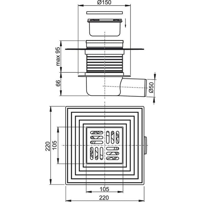 Сливной трап AlcaPlast APV26C, 105×105/50 мм, подводка – боковая, решетка – нержавеющая сталь