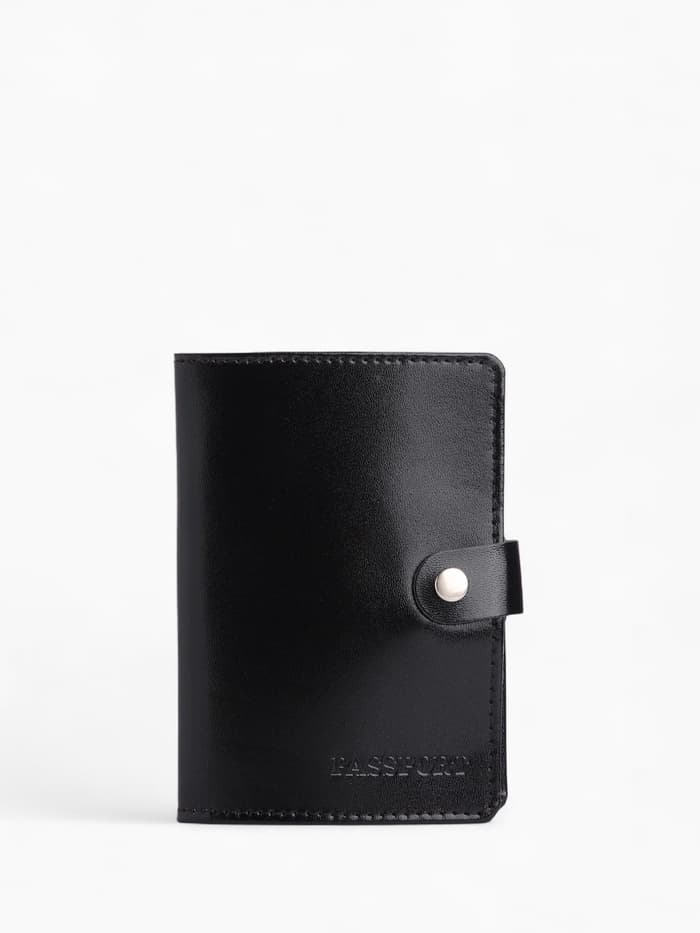 Обложка для паспорта на кнопке, натуральная кожа, чёрная