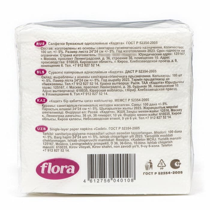 Салфетки бумажные, 24×24 см, 100 шт., белые