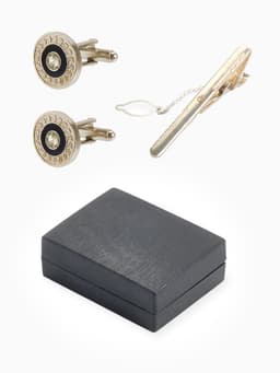 Набор мужской медный «Запонки + Зажим для галстука», круг с гравировкой, чёрно-белый в серебре