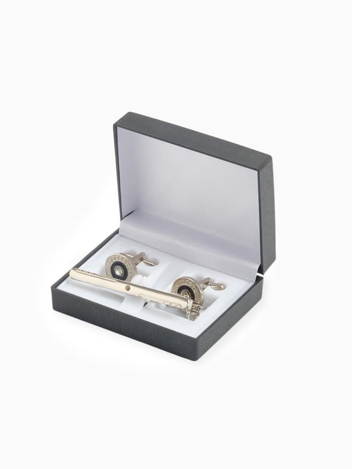 Набор мужской медный «Запонки + Зажим для галстука», круг с гравировкой, чёрно-белый в серебре