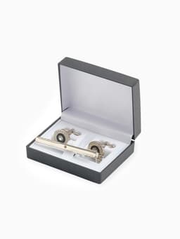 Набор мужской медный «Запонки + Зажим для галстука», круг с гравировкой, чёрно-белый в серебре