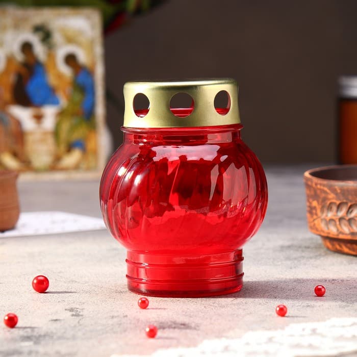 Поминальная свеча парафиновая в стеклянном подсвечнике «Лампада», красный