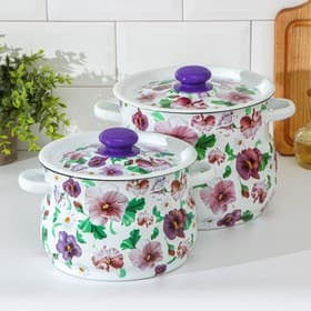 Набор эмалированных кастрюль «Анютины глазки», 2 шт.: 4 л, 5.5 л, белый