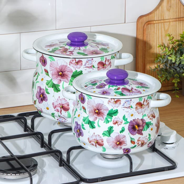 Набор эмалированных кастрюль «Анютины глазки», 2 шт.: 4 л, 5.5 л, белый