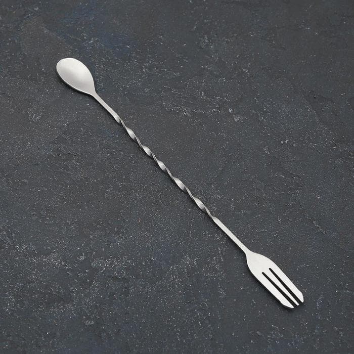 Ложка барная из нержавеющей стали с вилкой, длина 32.5 см, серебристая