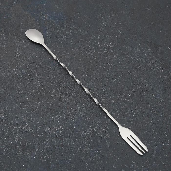 Ложка барная из нержавеющей стали с вилкой, длина 32.5 см, серебристая