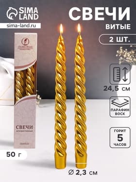 Набор свечей витых, 2.3×24.5 см, 5 ч, 50 г, 2 шт., золотой, в подарочной коробке