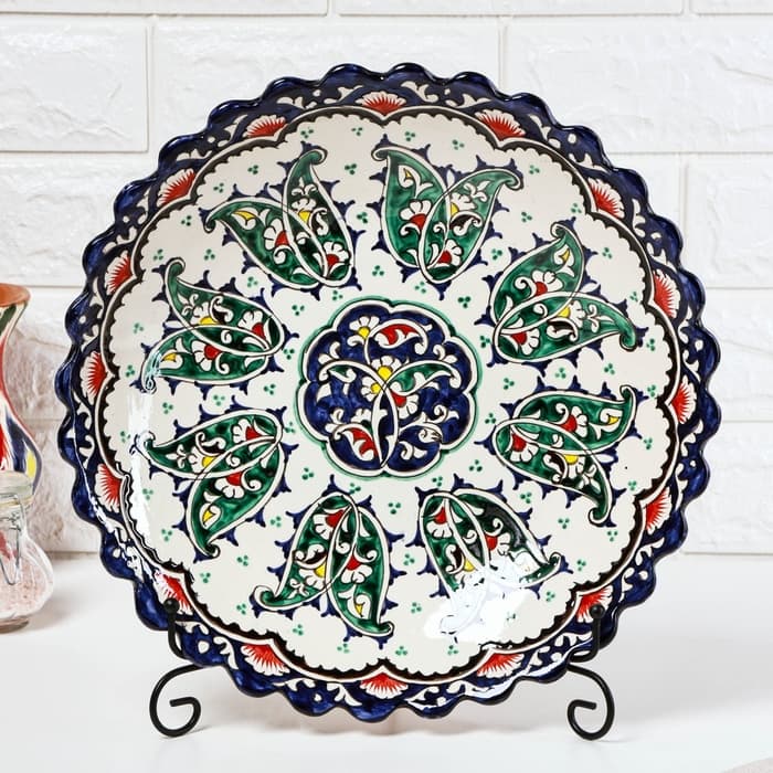 Ляган узбекский Риштанская Керамика «Цветы», d=32 см, глубокий, синий