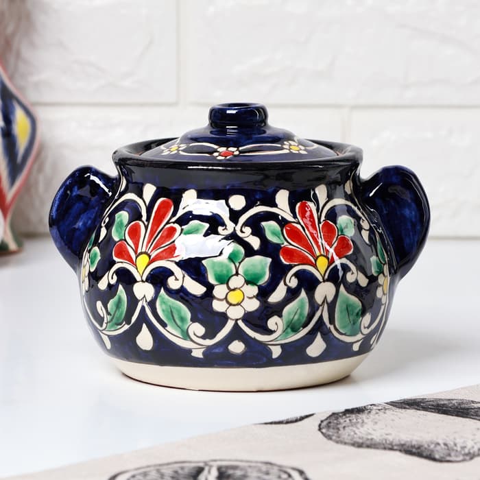 Сахарница узбекская Риштанская Керамика «Цветы», 1 л, синяя