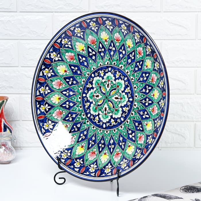 Ляган узбекский Риштанская Керамика «Цветы», d=41 см, синий