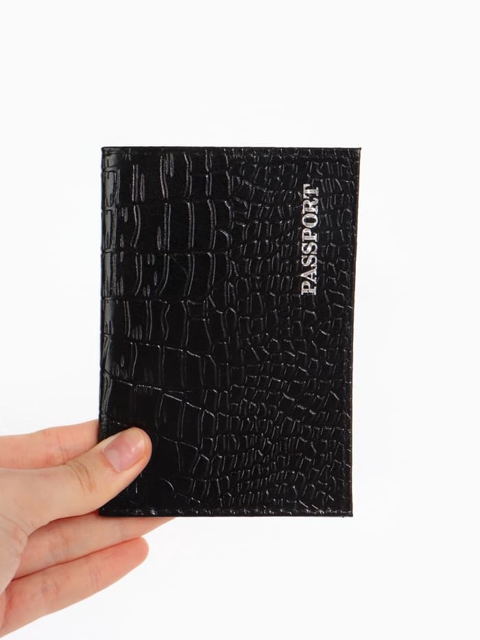 Обложка для паспорта, тиснение, натуральная кожа, чёрная