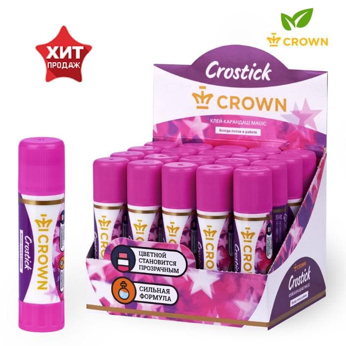 Клей-карандаш, Crown Magic PVP, с цветным индикатором, 8 г