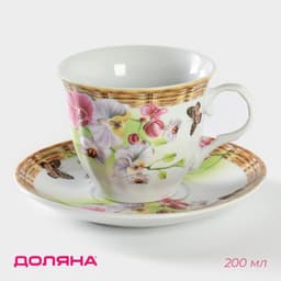 Чайная пара Доляна «Садовый дворик», чашка 200 мл, блюдце d=14.1 см, керамика, белая