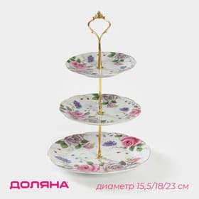 Этажерка для фруктов и десертов Доляна «Томная роза», 3 яруса, d=15.5×18×23 см, керамика, белая