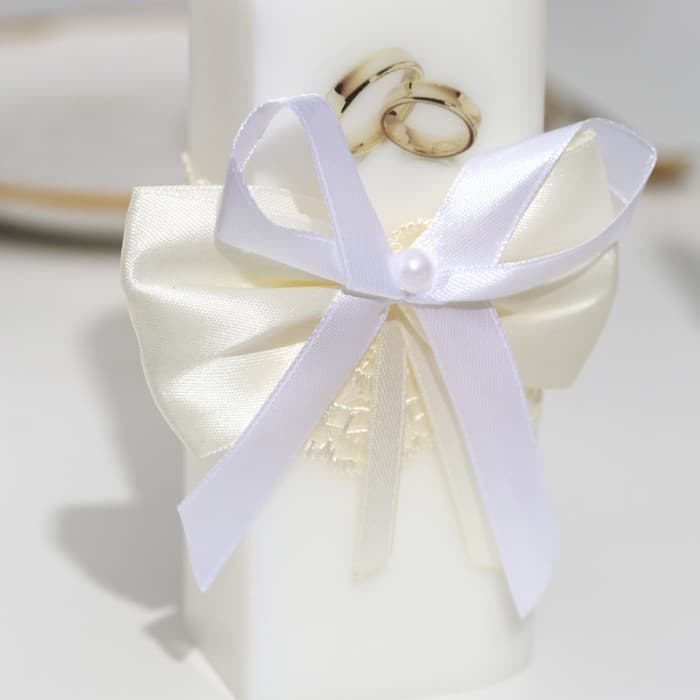 Набор свечей свадебных «Кружевной с бантиком», 3 шт., шампань, очаг - 6.8×15 см; родительские - 1.8×17.5 см