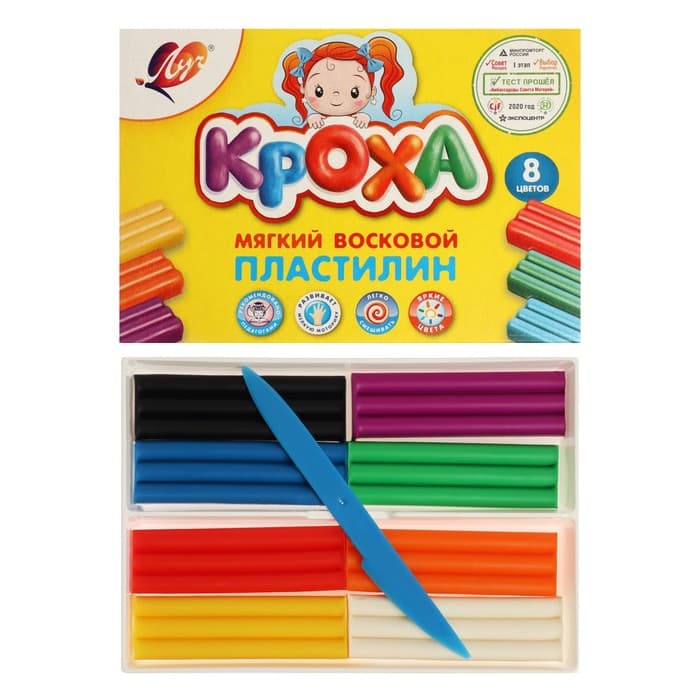 Пластилин мягкий (восковой) «Луч. Кроха», 8 цветов, 120 г, со стеком