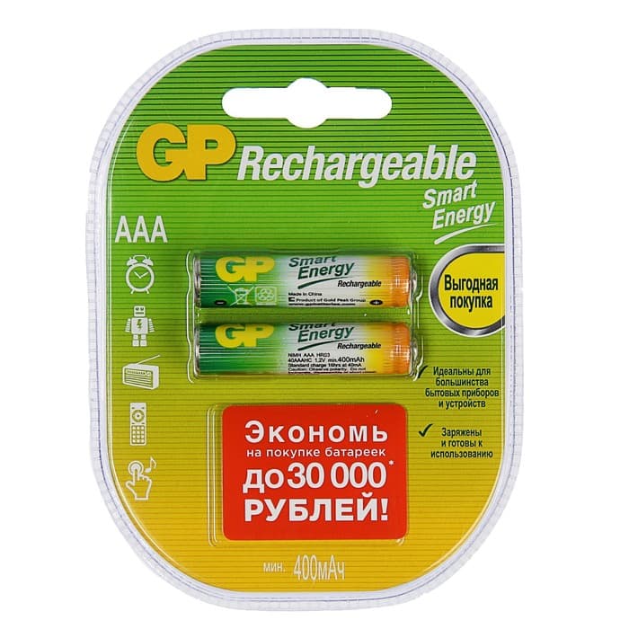 Аккумулятор GP, Ni-Mh, AAA, HR03-2BL, 1.2 В, 400 мАч, блистер, 2 шт.