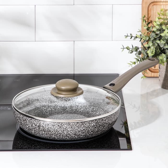 Сковорода Onyx, d=24 см, съёмная ручка, стеклянная крышка, антипригарное покрытие, алюминий, серая