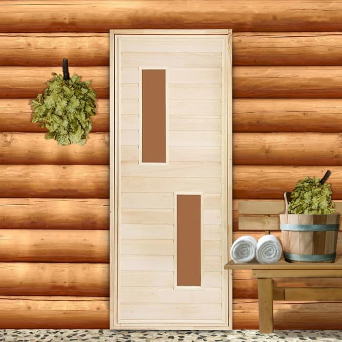 Дверь для бани и сауны «Два стекла», 180×80 см по коробке, липа, Добропаровъ