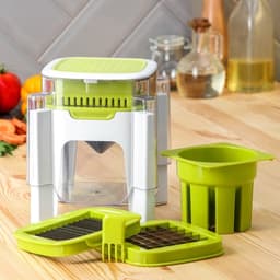 Овощерезка универсальная с контейнером Доляна Fresh Cook, 3 сменные насадки и пушер, 14.5×14.5×21 см, бело-зелёная