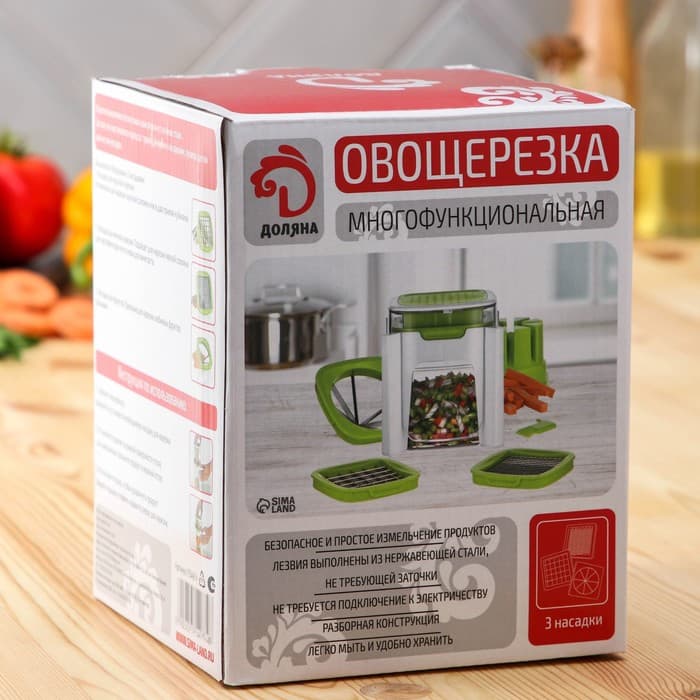 Овощерезка универсальная с контейнером Доляна Fresh Cook, 3 сменные насадки и пушер, 14.5×14.5×21 см, бело-зелёная