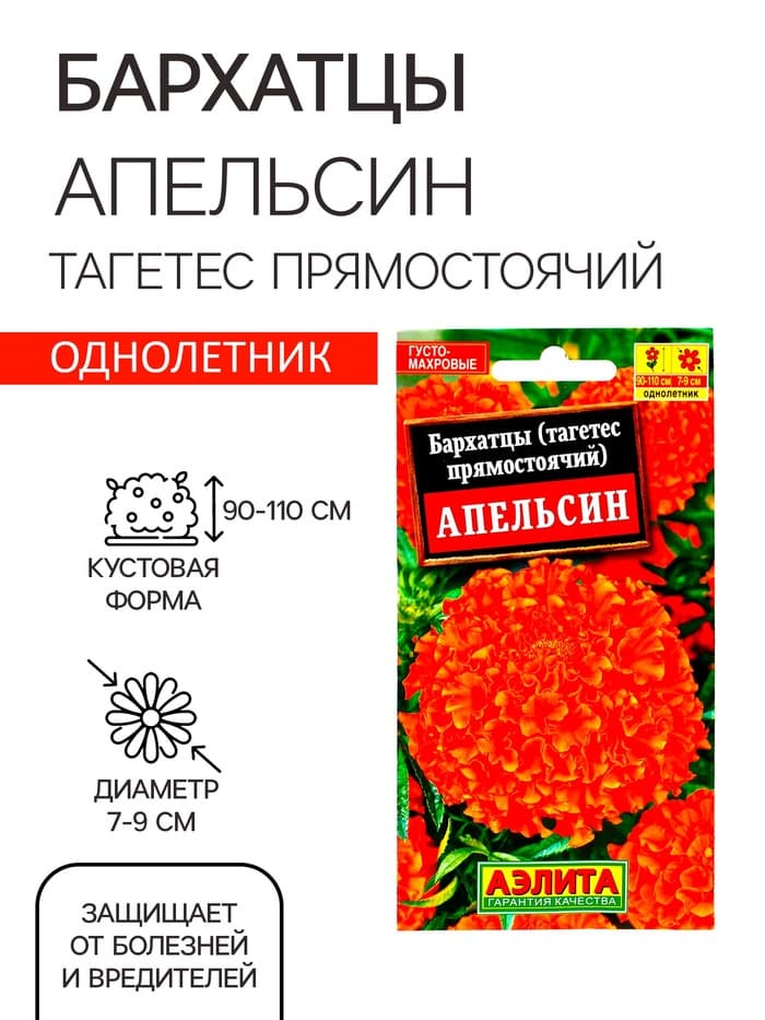 Семена цветов Бархатцы «Апельсин» прямостоячие, однолетник, 0.3 г, «Агрофирма АЭЛИТА»